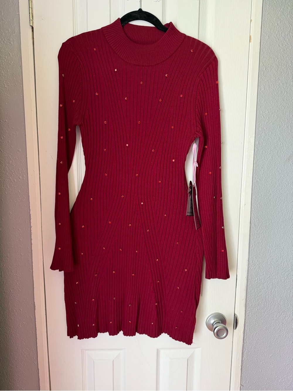 Madden Girl Red Ribbed Long-Sleeve Mock Neck Dress with Sparkle Studs
